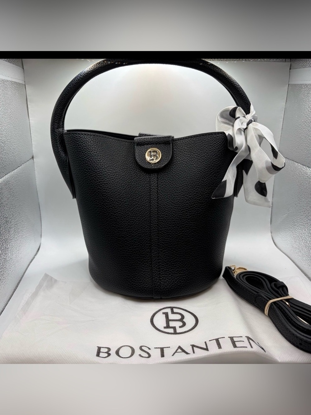 BOSTANTEN Black Pebbled Leather Hobo Bag with Scarf NWOT